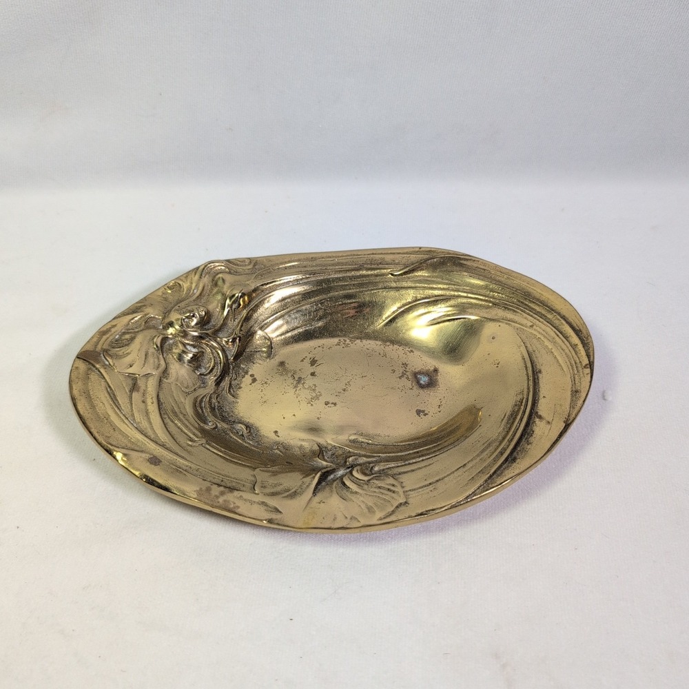 Fabulous Art Nouveau Nude Lady Flowing Hair & Iris Brass Antique Oval Tray!!
